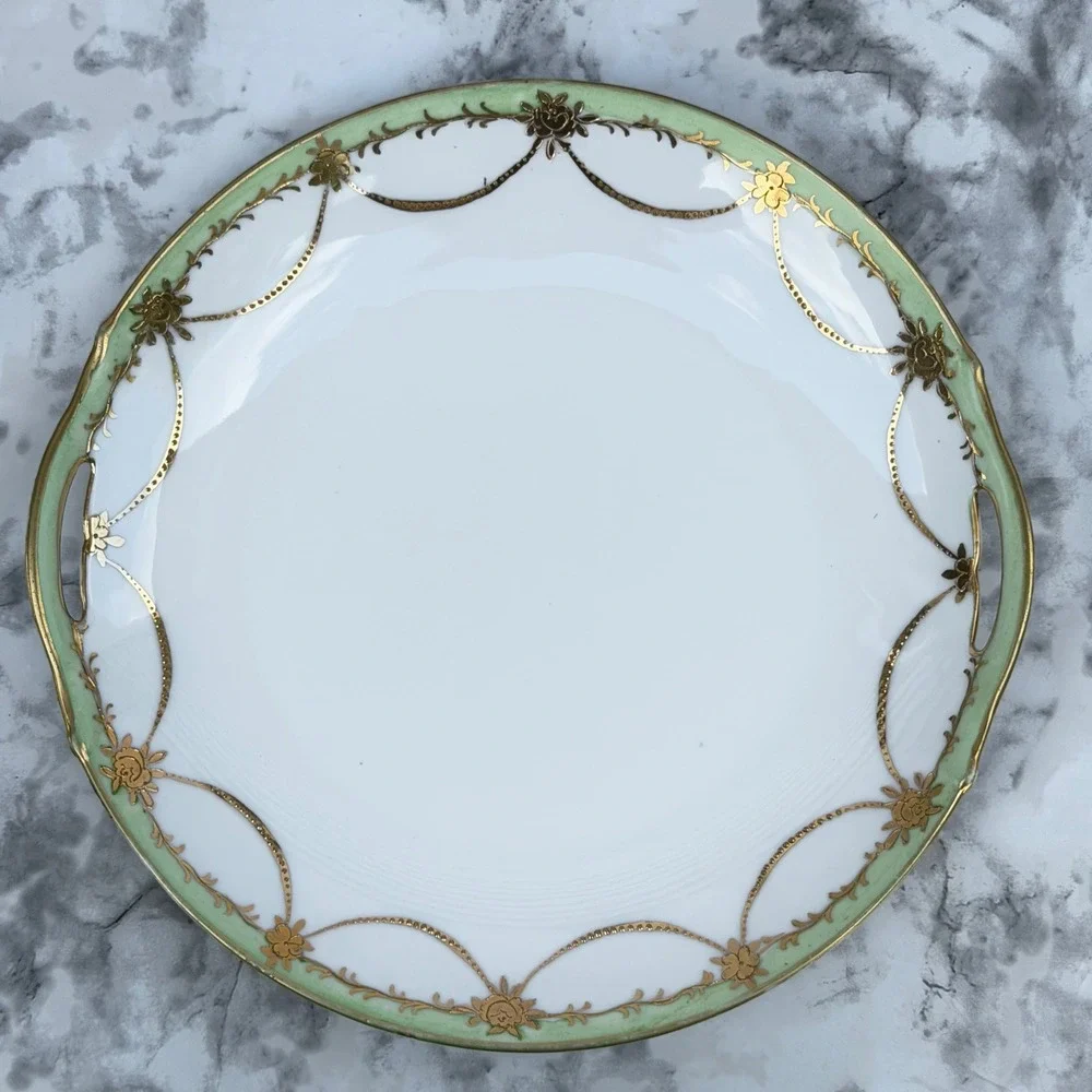 Antique Nippon Hand Painted Porcelain Cake Plate Gold Moriage Green Floral 10in